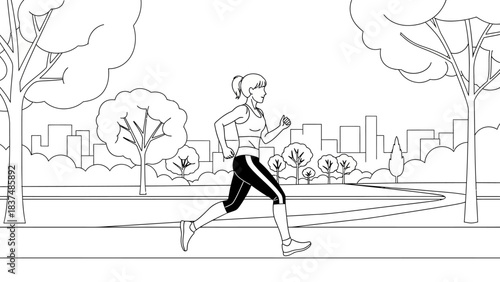 Woman Running in Park with City Skyline Background whisk