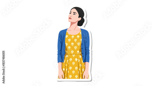 Woman Looking Up With Determination And Hope Wearing A Yellow Floral Dress And Blue Cardigan With Black Hair Tied Back In A Bun