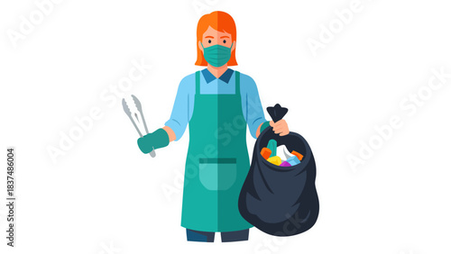 Woman Wearing Face Mask And Apron Holding Trash Bag And Cleaning Tools Representing Sanitation And Hygiene Services In Flat Design Style