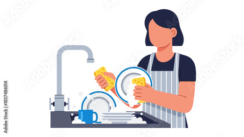 Woman Wearing An Apron Washes Dishes In A Kitchen Sink With Bubbles And Water Flowing From The Faucet A Blue Mug Sits On A Stack Of Clean Plates Beside The Sink