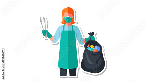 Woman Wearing Face Mask And Apron Holding Trash Bag And Duster With Tongs In A Flat Design Style Representing Cleaning And Sanitation Efforts