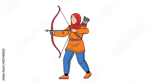 Woman Wearing Orange Tunic Blue Pants and Red Hijab Aiming a Bow and Arrow with Quiver Full of Arrows on Back Focused on Target Outdoors Sporting Activity