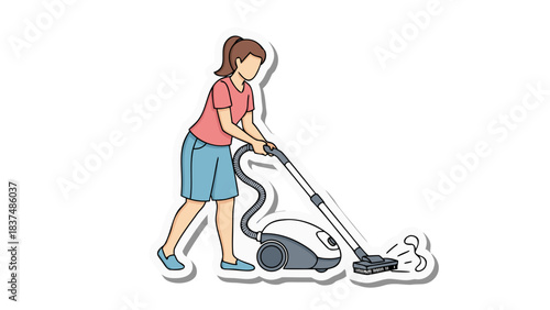 Woman with Brown Hair in Pink Shirt and Blue Skirt Vacuuming a Floor with a White and Gray Vacuum Cleaner on a Black Background with White Outline