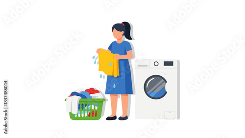 Woman with Laundry Basket Standing Beside Washing Machine Holding Wet Clothes Ready for Laundry Day