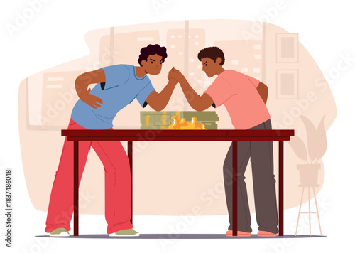 Male entrepreneurs in intense arm-wrestling match symbolizing fight for money and market dominance