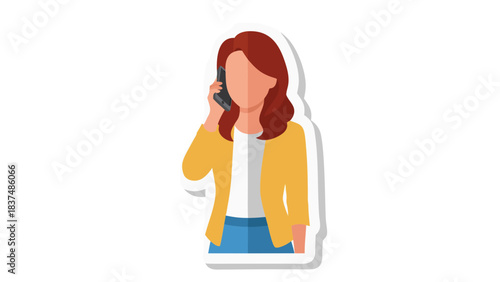 Woman With Reddish Brown Hair Wearing A Yellow Cardigan And White Shirt Talking On A Black Cell Phone Indoors With A White Background