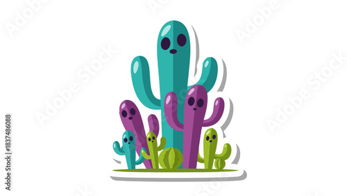 Whimsical Pixel Art Cacti Family in Teal and Purple with Cute Faces and Green Ground Against Black Background