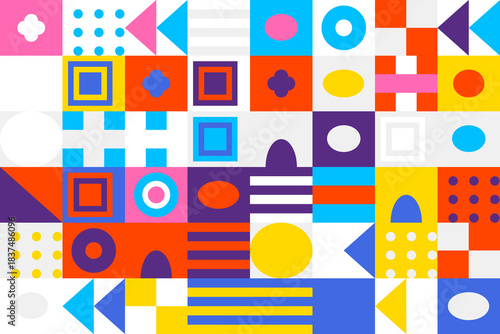 Vibrant geometric pattern background with diverse shapes and bright colors, abstract graphic design element for modern projects