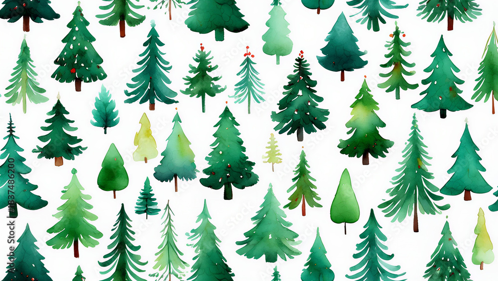 Obraz premium Watercolor Christmas tree wallpaper featuring various green fir and pine trees on a white background. Ideal background for the festive season, winter holidays, decoration, and design projects.