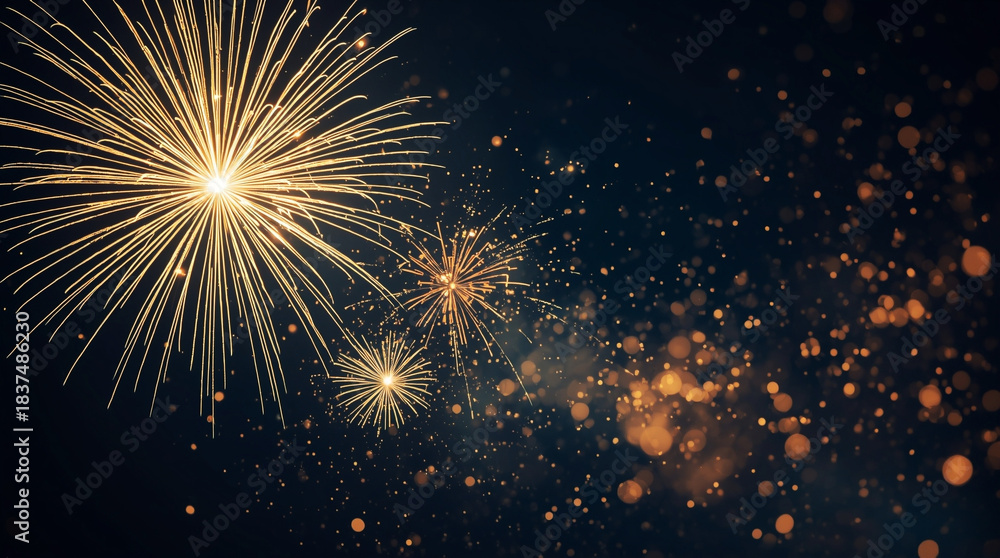 Naklejka premium Golden fireworks exploding against a dark night sky with sparkling bokeh lights, creating a vibrant festive atmosphere perfect for New Year celebrations, holiday events and elegant party backgrounds