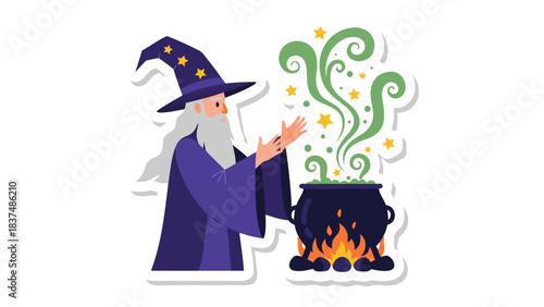 Wise Wizard Wearing A Purple Robe And Hat With Stars Stirring A Magical Potion In A Cauldron Over Flames Emitting Green Smoke And Sparkles On A Transparent Background