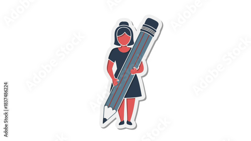 Woman Holds Large Pencil Concept Illustration Of Writing Creativity And Education With Dark Blue Dress And Red Skin Tone Standing Against Black Background