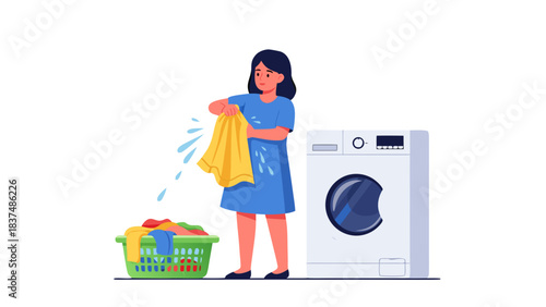 Woman in Blue Dress Holding Wet Yellow Clothes Near Laundry Basket and Washing Machine Domestic Chores Household Activity Cleanliness and Hygiene