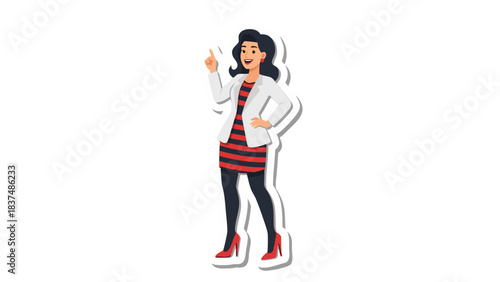 Woman In Business Attire Black Skirt Red Striped Dress White Jacket Gesturing With Index Finger Up White Background