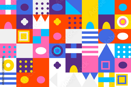 Geometric pattern background with vibrant colors and diverse shapes for modern design and playful digital art.