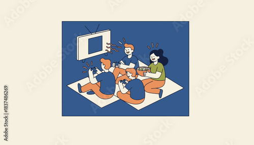 A group of friends lounging on the floor playing a video game laughter echoing as snacks are passed around.