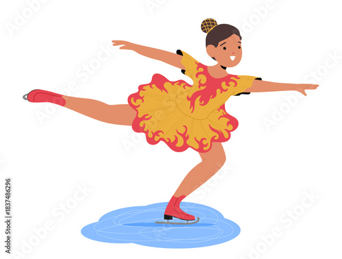 Graceful girl child cartoon character wearing beautiful dress figure skating performing on rink