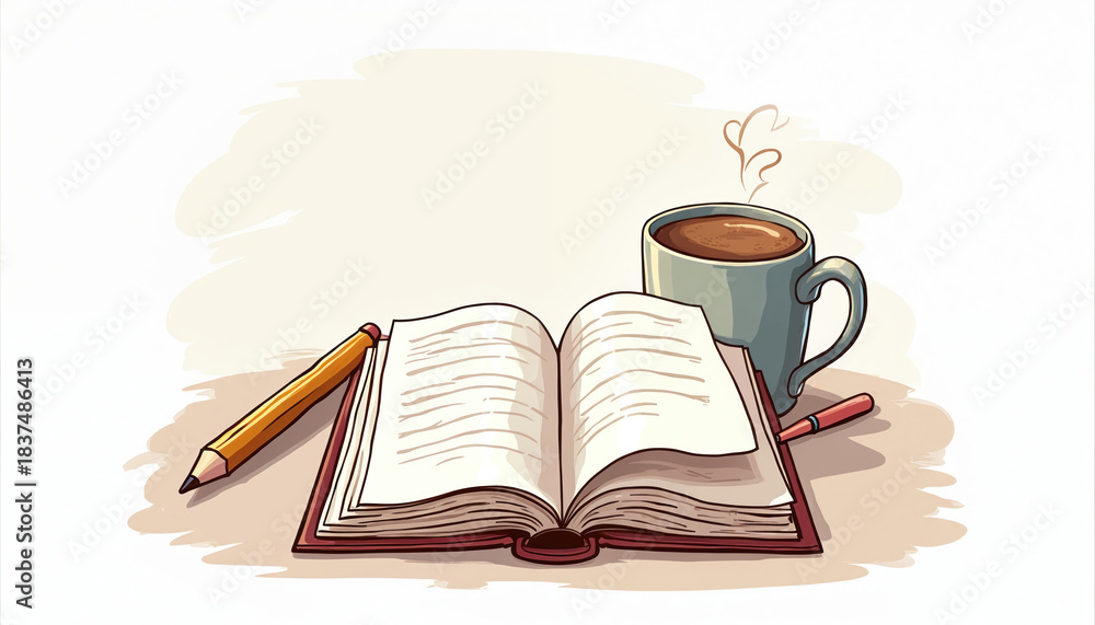 Fototapeta premium Open book with blank pages, pencil on desk. Hot coffee mug with steam sits nearby. Setup suggests study, writing, productive work for students professionals. Conveys learning, concentration, homework.
