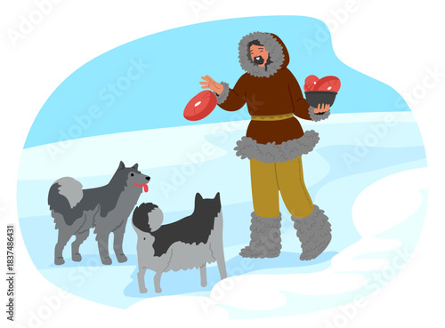 Happy man Eskimos feeding dogs with meat caring for pets enjoying traditional Arctic daily life