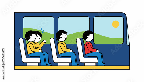 Inside the bus children are seated some chatting animatedly while others gaze out the window at passing scenery.