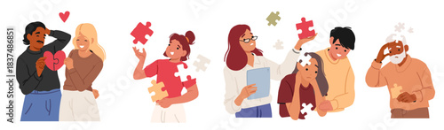 Diverse people characters searching and finding missing pieces of their identity or memory parts