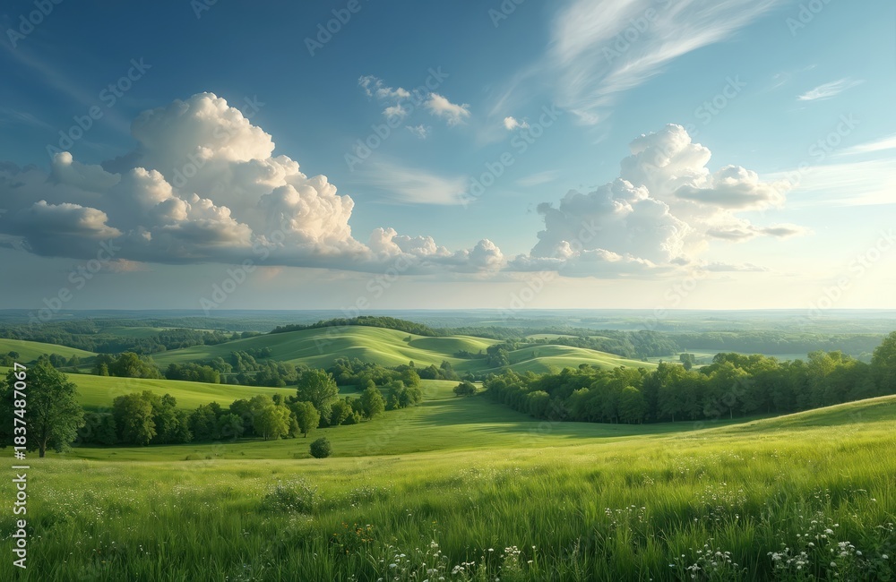 Obraz premium Green rolling hills under bright blue sky with fluffy white clouds. Rich grass fields, scattered trees create serene natural landscape, inviting peaceful contemplation, outdoor exploration. Rural