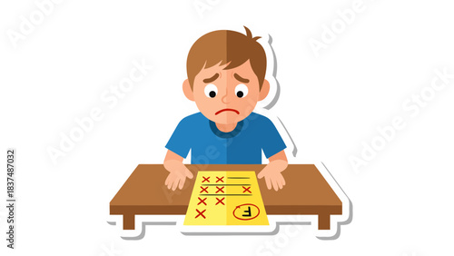 Young Boy Looking Sad With A Failing Grade On A School Test Paper Sitting At A Desk With His Hands On The Surface