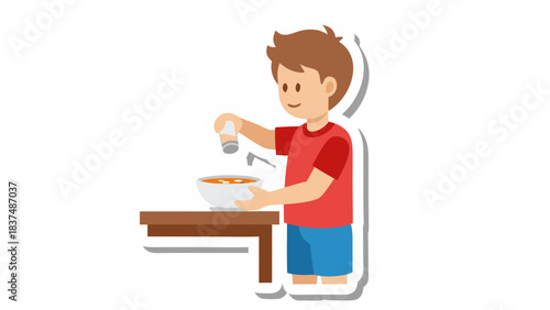 Young Boy Standing at a Wooden Table Adding Seasoning to a Bowl of Food Wearing a Red T Shirt and Blue Shorts Brightly Lit Scene