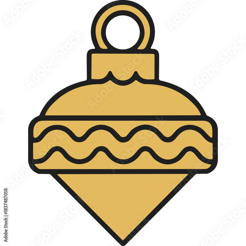 A golden Christmas ornament with a pointed bottom and wavy band detailing on a black background