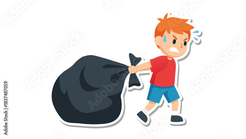 Young Boy Struggling To Carry A Large Black Trash Bag With Determined Expression and Sweating Heavily Showing Effort and Exertion on a Black Background