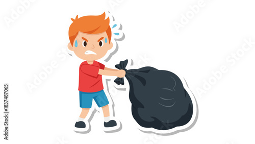 Young Boy Struggling to Carry Heavy Black Trash Bag Sweat Dripping Eyes Squinting Effort Expression in Red Shirt and Blue Shorts White Background Clean Environment Concept