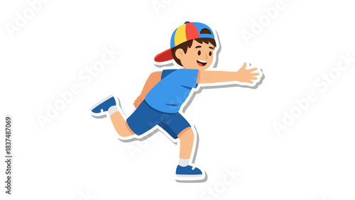 Young Boy Wearing A Blue T Shirt And Blue Shorts With A Multicolor Baseball Cap Running With Arms Extended Forward In A Joyful Manner On A Transparent Background