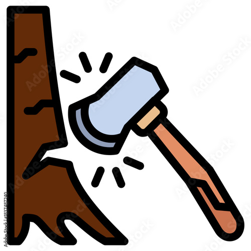 Axe Outline Color Icon, Mini Illustration Relate To Carpentry, Wood Industry. Use For Modern Concept, Ui, Ux Web And App Development.
