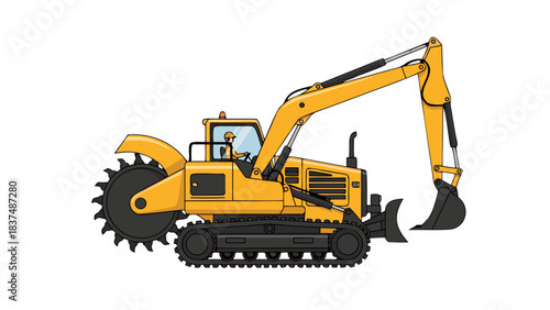 Yellow Tracked Excavator With Rotary Trencher Attachment and Bucket On Black Background Pixel Art Style