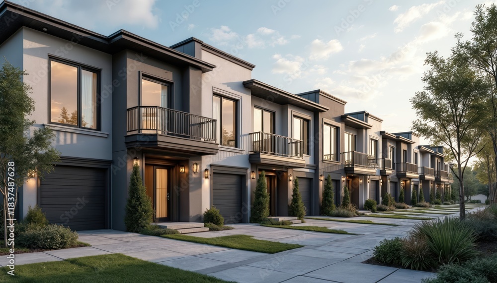Fototapeta premium Modern townhomes complex presents sleek designs. Suburban homes stand in neat rows with manicured lawns. Chic urban living spaces display style, sophistication in residential neighborhood.