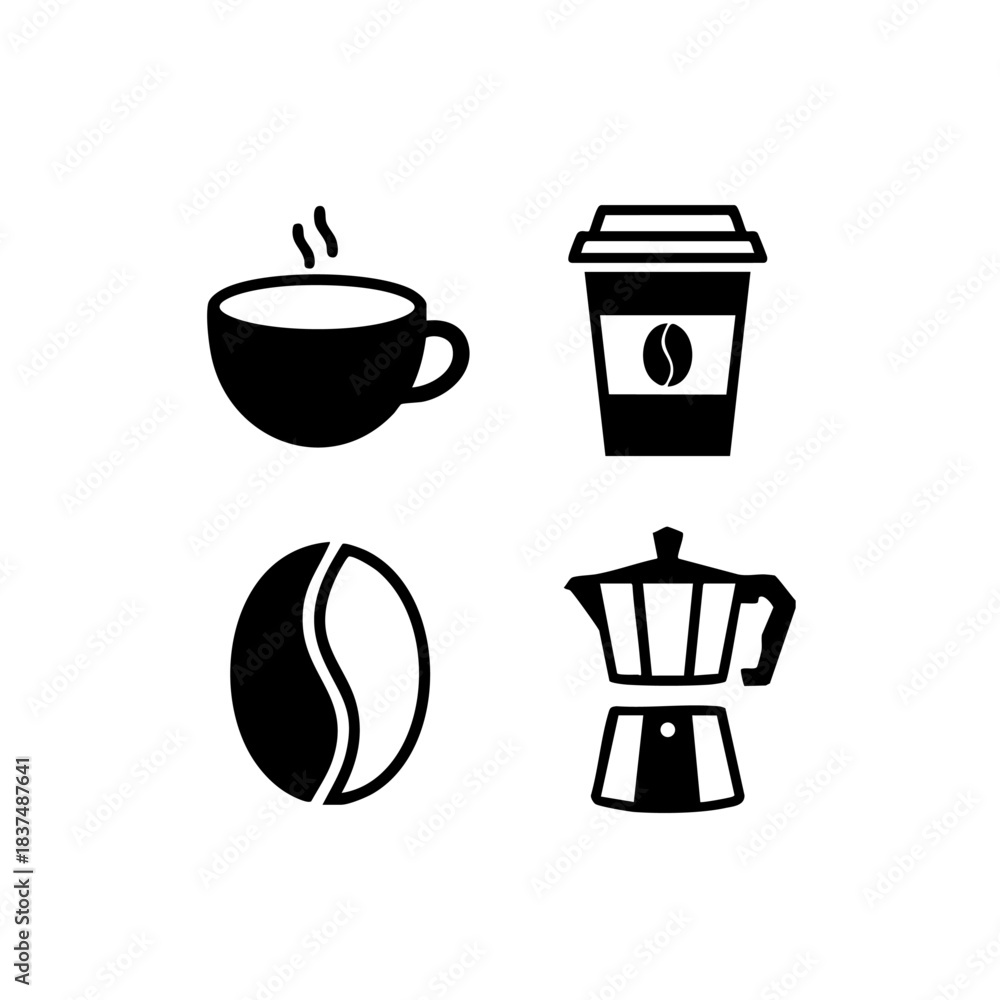 Obraz premium Set of black and white coffee icons — minimal vector illustrations of a coffee cup, bean, moka pot, and takeaway cup for café branding and beverage graphics