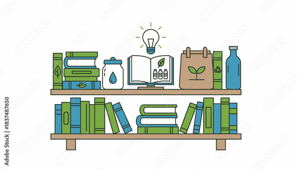 Obraz premium A shelf filled with books and resources about sustainable living highlighting the importance of education in maintaining a plasticfree lifestyle.