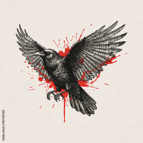 Dramatic black crow with red splatter accents — expressive artistic vector illustration symbolizing power, mystery, and emotional intensity