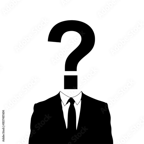 Conceptual black and white illustration of a man with a question mark instead of a head — symbolic vector representing confusion, identity, and abstract themes