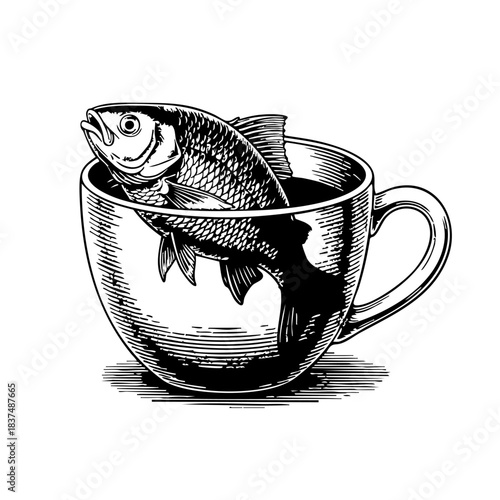 Surreal black and white illustration of a fish placed inside a teacup — detailed hand-drawn conceptual vector art blending food, nature, and fantasy elements
