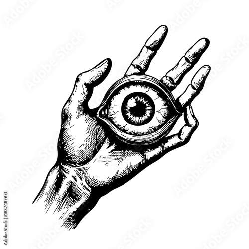 Symbolic hand-drawn illustration of a hand holding an eye — surreal black and white vector art representing vision, awareness, mysticism, and conceptual themes