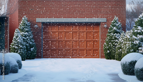 Bright red garage door on residential brick house at winter snowfall. Fresh snow covers ground, driveway, evergreen bushes outside