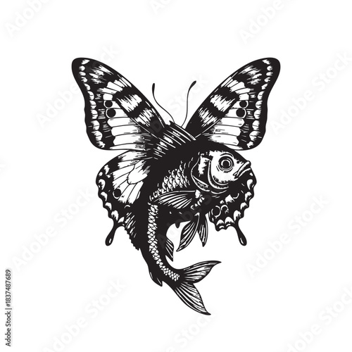 Surreal black and white illustration of a butterfly combined with a skull — detailed hand-drawn vector art blending nature and gothic symbolism for conceptual designs