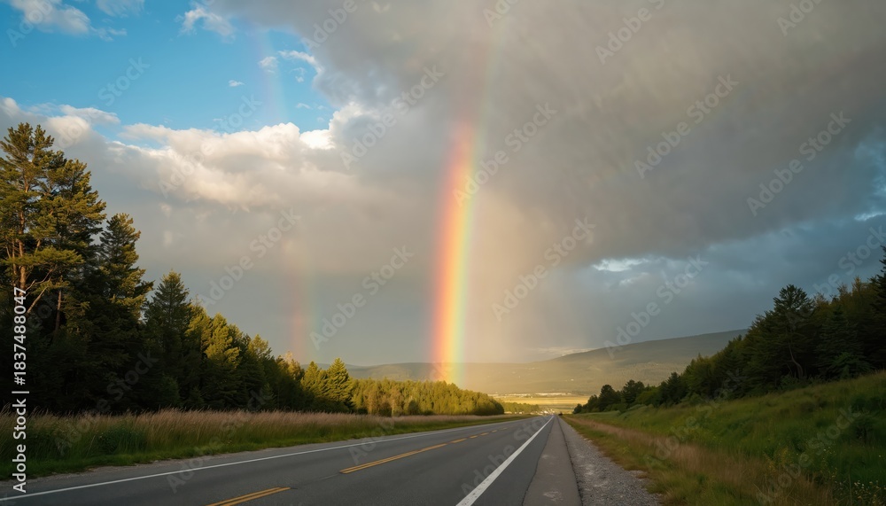 Obraz premium Vivid rainbow arcs over road flanked by evergreen trees, grassy fields after rain shower. Sky shows dramatic clouds with sunlight breaking through, illuminating landscape. Scene offers sense of hope,