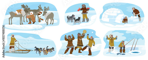 Rich Eskimos life, culture and traditions of North Pole region isolated cartoon people scene set