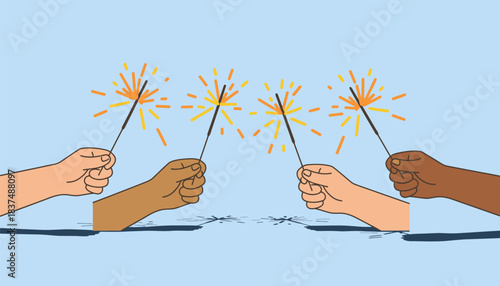 Traditional sparklers in childrens hands flicker brightly casting playful shadows and ling sparks around them.