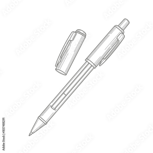 A detailed sketch of a ballpoint pen with its cap removed and placed beside it, showcasing its internal mechanism.