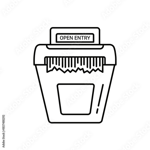 A simple black and white line drawing of a paper shredder with shredded paper coming out.