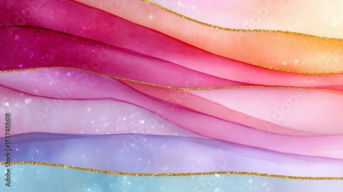 Elegant watercolor layered waves in pink and orange tones with gold glitter details