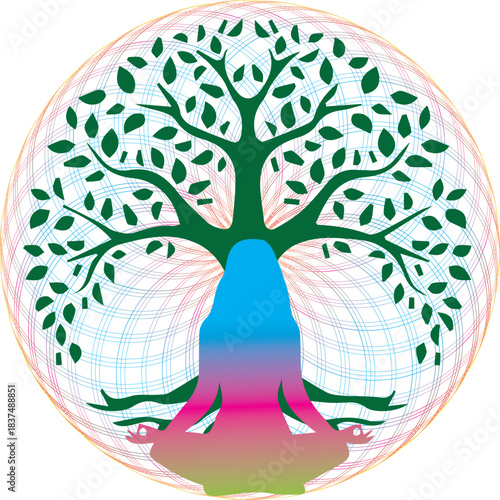 Meditation Tree of Life Icon – Spiritual Healing Yoga Symbol in Colorful Mandala Style